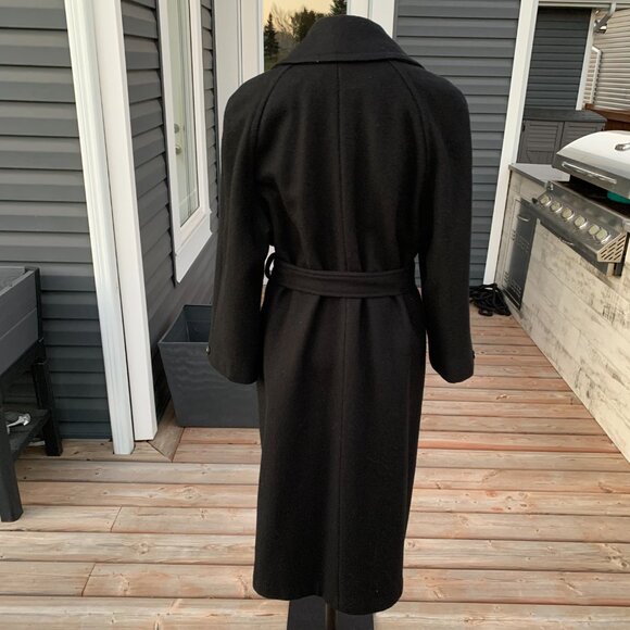 Vintage 90s Double Breasted Belted Long Maxi Overcoat Black Wool Trench Coat - Picture 6 of 16